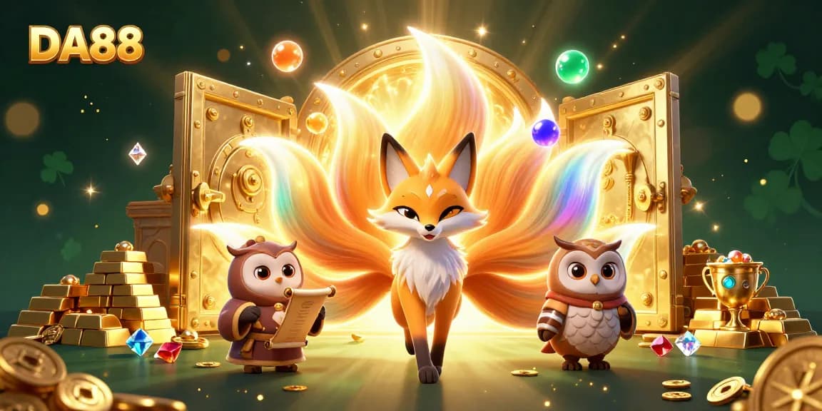 Experience the magic of DA88 with a vibrant illustration of luck and treasures in a casino setting.