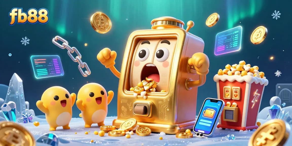 Engage with fb88 as the golden slot machine hits a jackpot, surrounded by cheering mini machines and crypto elements.