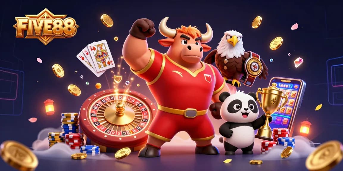 Join the excitement at FIVE88 with a victorious bull, an eagle, and a panda amidst casino treasures.