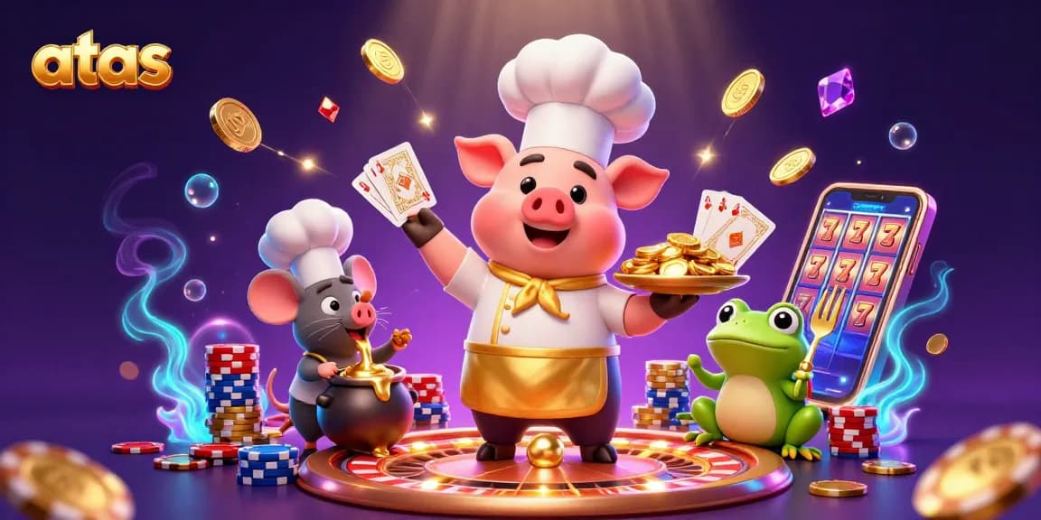 Engage with atas, where a chef pig serves gold coins amid dynamic casino elements.
