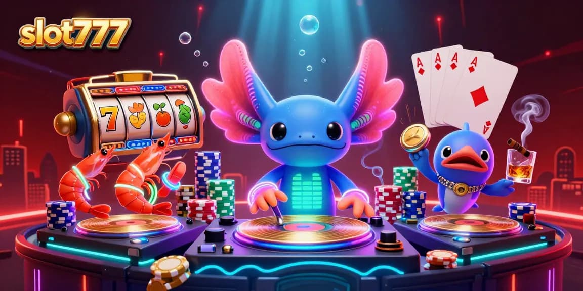 Experience the thrill of slot777 with neon characters and vibrant gambling elements.
