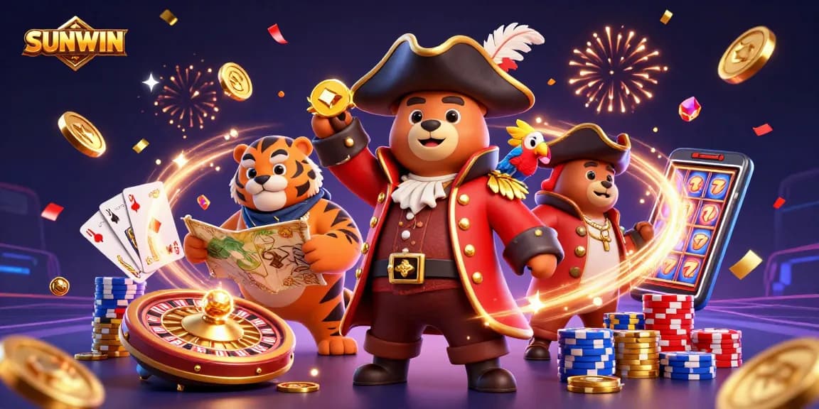 SUNWIN's thrilling casino adventure featuring pirate bear and tiger in a vibrant gambling scene