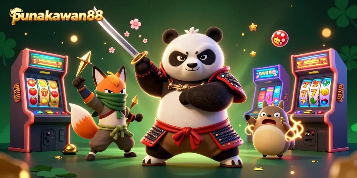 Punakawan88 offers exciting gameplay with a samurai panda, ninja fox, and magical tanuki in a lively casino-themed illustration.