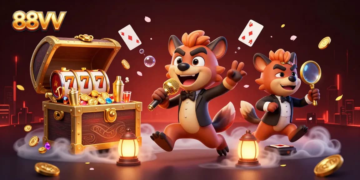 88VV hyenas entertain at a vibrant casino scene, filled with slots, gold coins, and festive elements.
