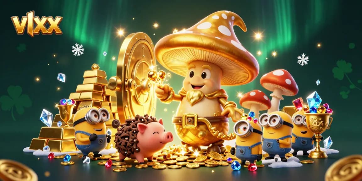 Experience magic and treasure with vlxx's golden mushroom wizard in a vibrant casino scene.