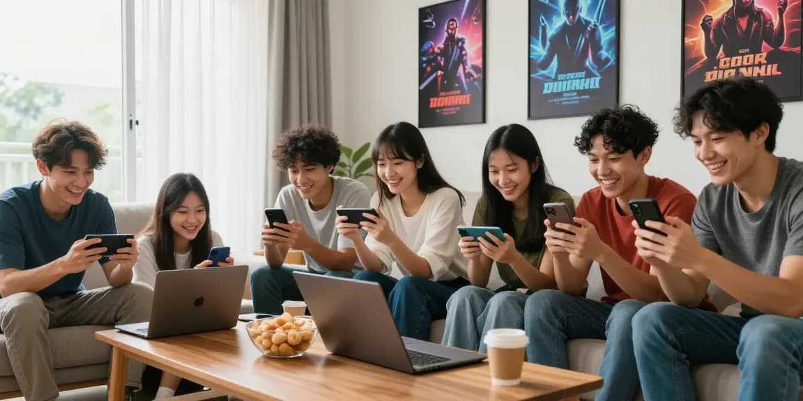 Group enjoying game bài đổi thưởng together in modern living room.