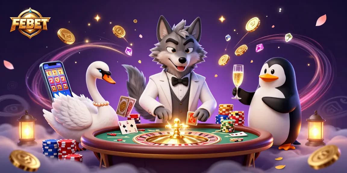 FEBET showcases a luxurious casino scene featuring a debonair wolf, elegant swan, and sophisticated penguin amid vibrant gaming elements and golden coins.
