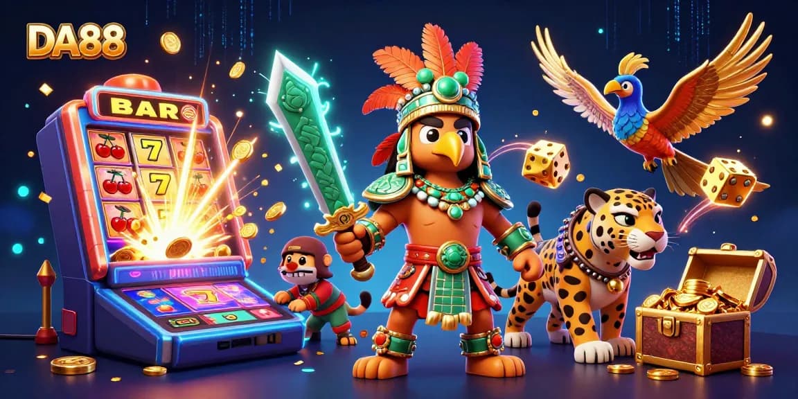 DA88's vibrant casino scene features an Aztec warrior, jaguar, and a slot machine explosion.
