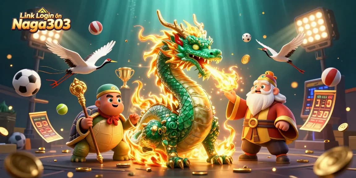 Experience the excitement of Link Login Naga303 with a dynamic 3D illustration showcasing a magical dragon and lucky symbols in action.