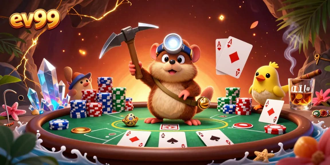 Experience thrilling gaming action at ev99 with a vibrant 3D casino treasure scene filled with poker excitement.