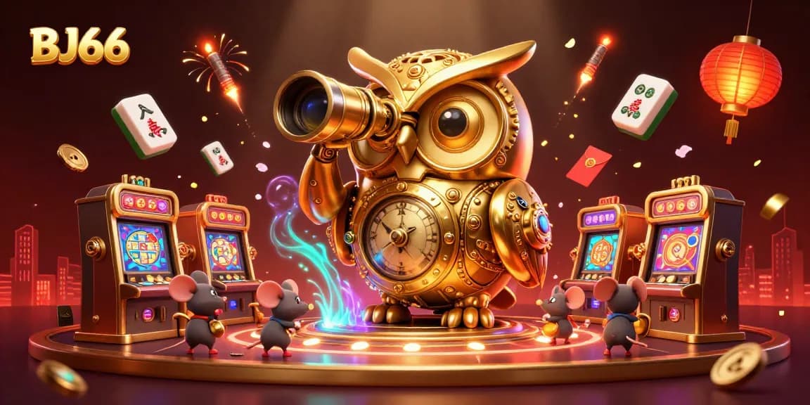 Experience BJ66 with a vibrant casino atmosphere featuring a golden owl and playful mice.