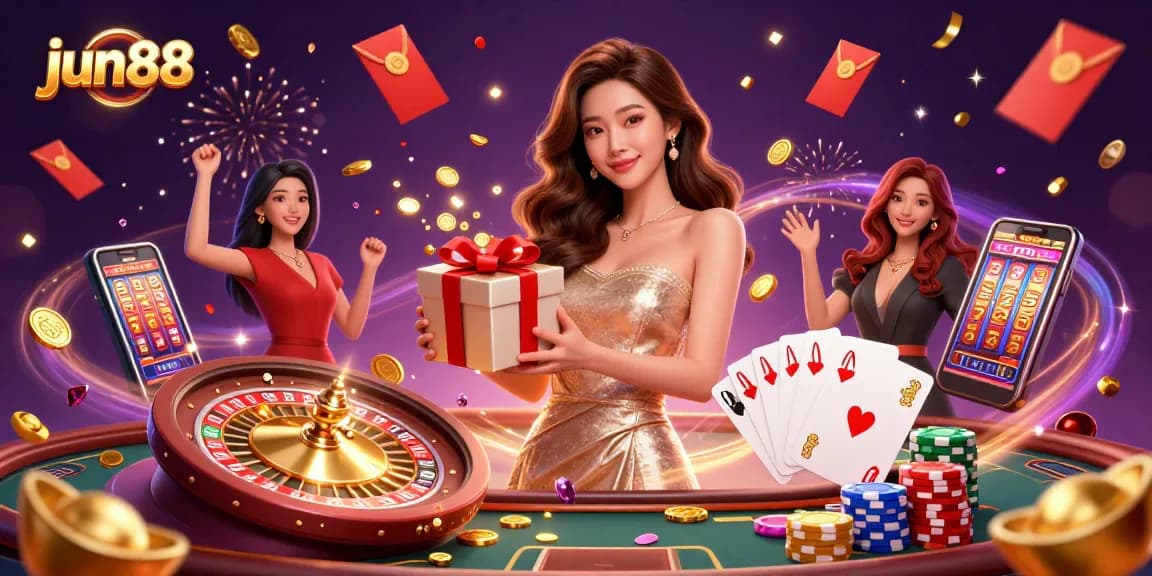 Experience the excitement of jun88 with captivating casino visuals featuring festive Lunar New Year elements.