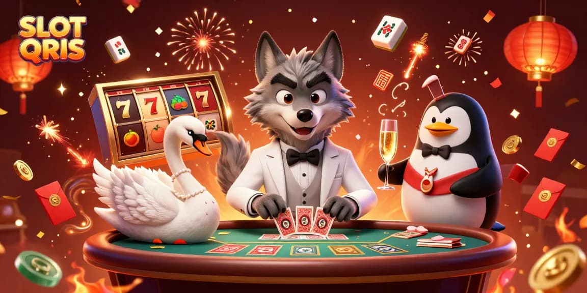Engage with SLOT QRIS through a vibrant 3D illustration depicting thrilling slot reels, big wins, and a dynamic casino atmosphere.