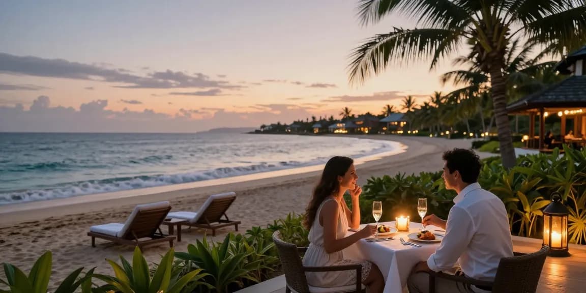 Momen romantis di tepi pantai dengan tema LUXURY111, pasangan menikmati makan malam mewah saat matahari terbenam.