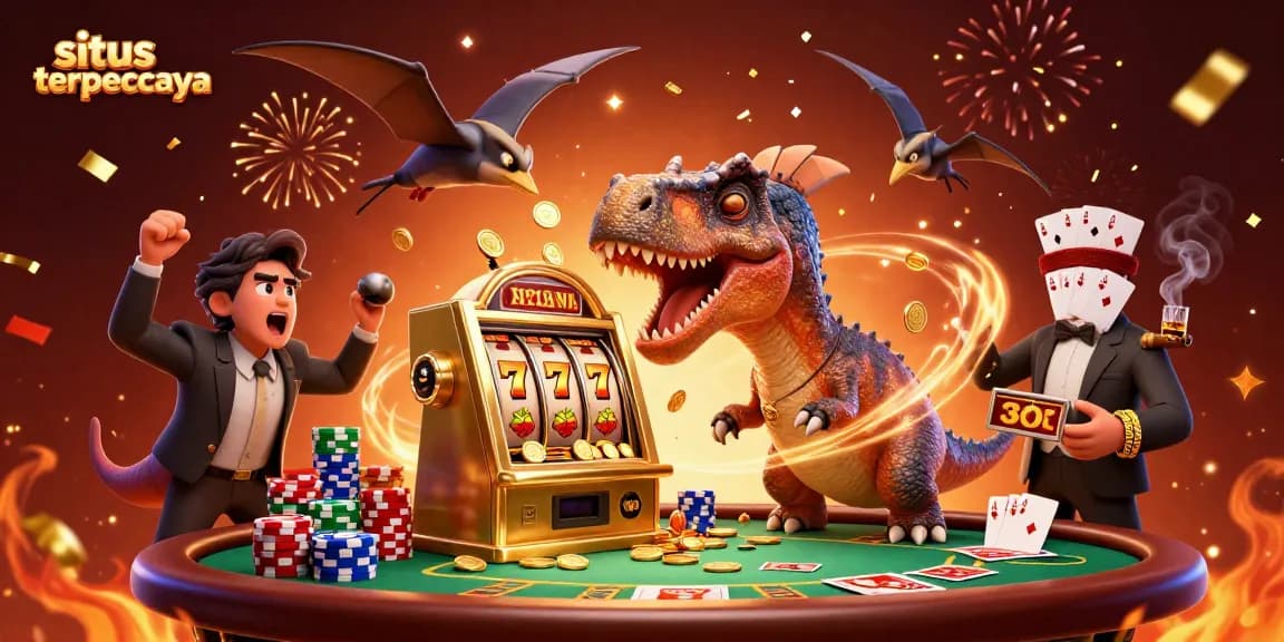Experience winning at situs terpercaya with a cartoon pachycephalosaurus hitting a jackpot at a slot machine.