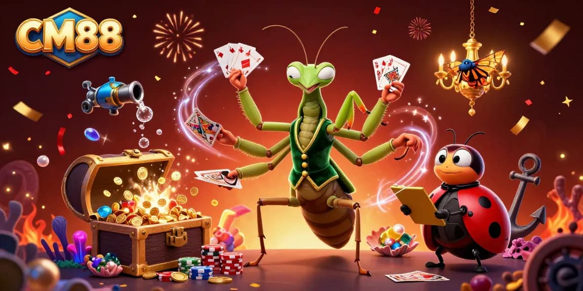 Experience the thrill of CM88 with 3D characters dealing cards and pouring champagne amidst gold treasures.