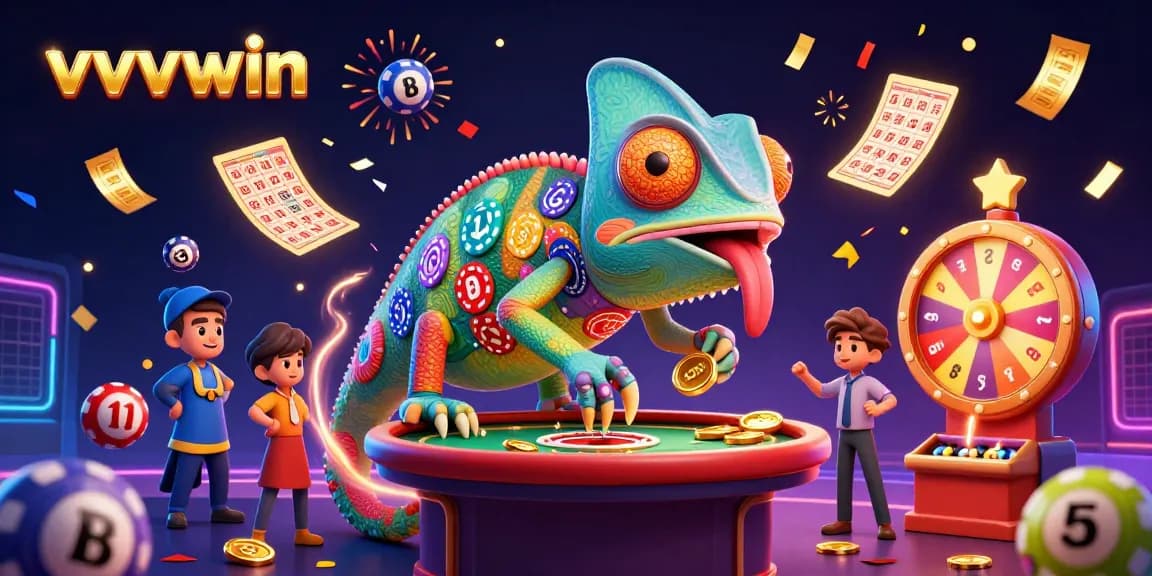 Spin big wins at vvvwin with a vibrant, dynamic casino illustration featuring a chameleon owner.