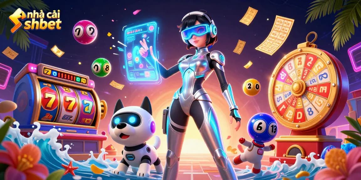 Engage with the vibrant world of nhà cái shbet, featuring a futuristic woman and a robot dog among dynamic casino elements.