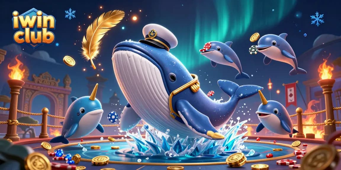 Experience the excitement of the iwin club with a dynamic scene of a cartoon whale and friends surrounded by coins and gaming elements.