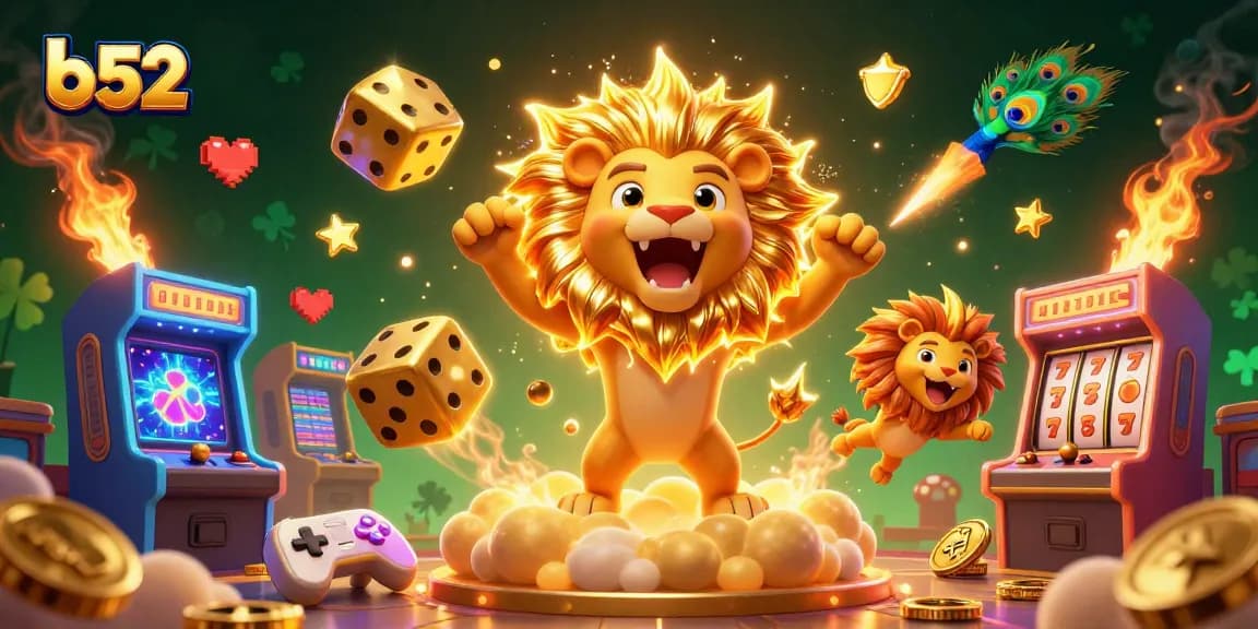 B52 gaming experience with a roaring sun lion, golden dice, and vibrant arcade elements.