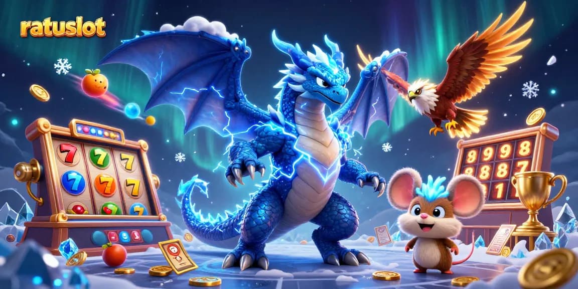 Experience thrilling jackpots with ratuslot, surrounded by vibrant 3D slot elements and dynamic characters.