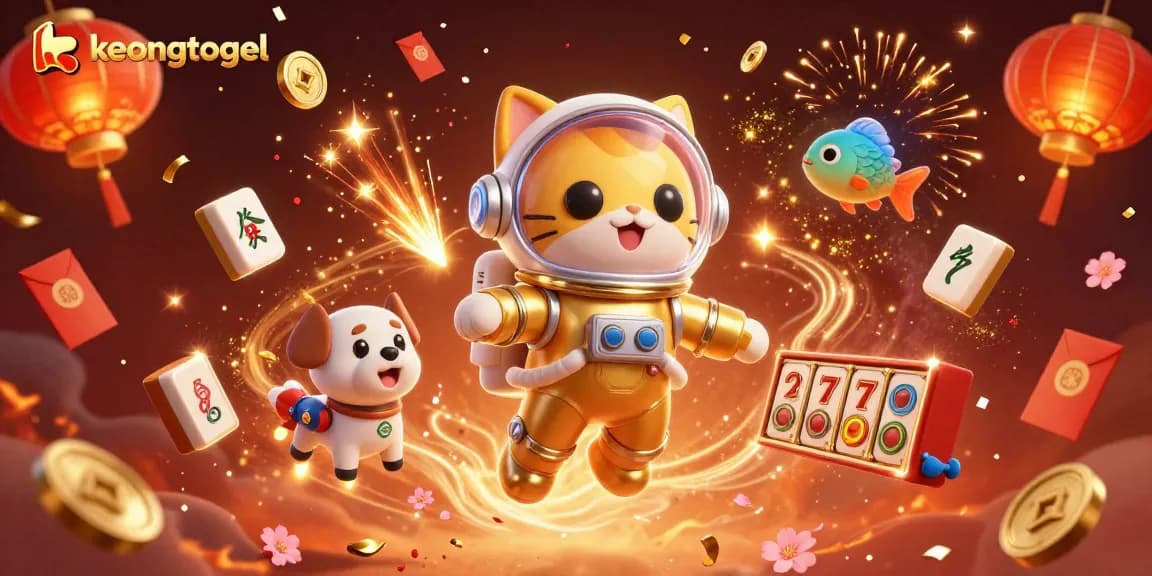Spin and win big with keongtogel in a dynamic casino-themed celebration scene featuring vibrant characters and elements.