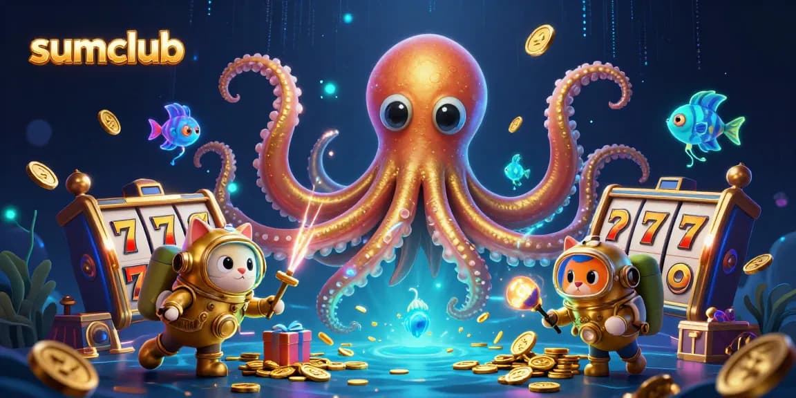 Experience thrilling gameplay at sumclub with a captivating kraken and a diving cat in a vibrant casino scene.