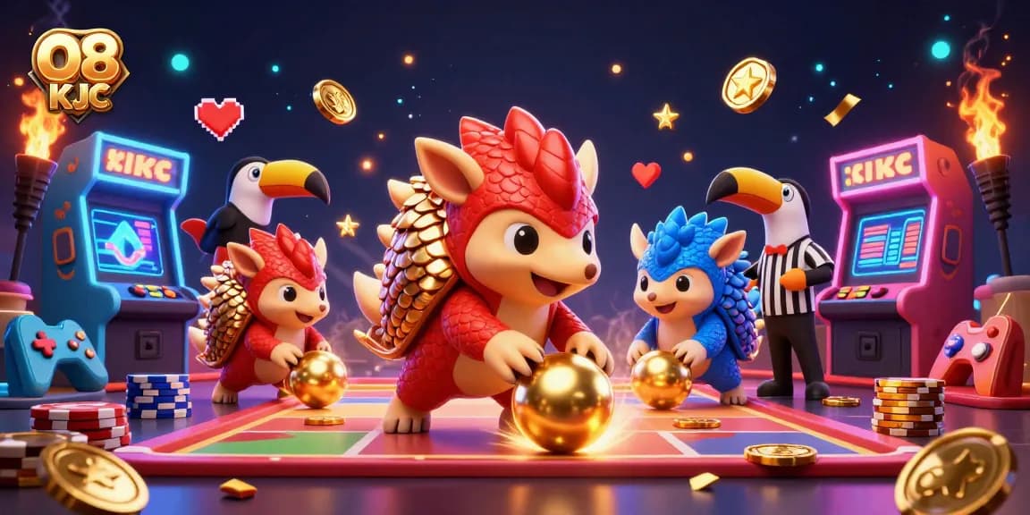 O8 KJC pangolins compete in an exciting casino scene with poker chips and vibrant game machines.