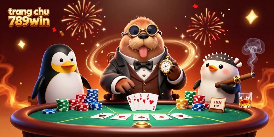 Experience excitement with "trang chu 789win" at the underwater poker table, featuring unique casino characters.