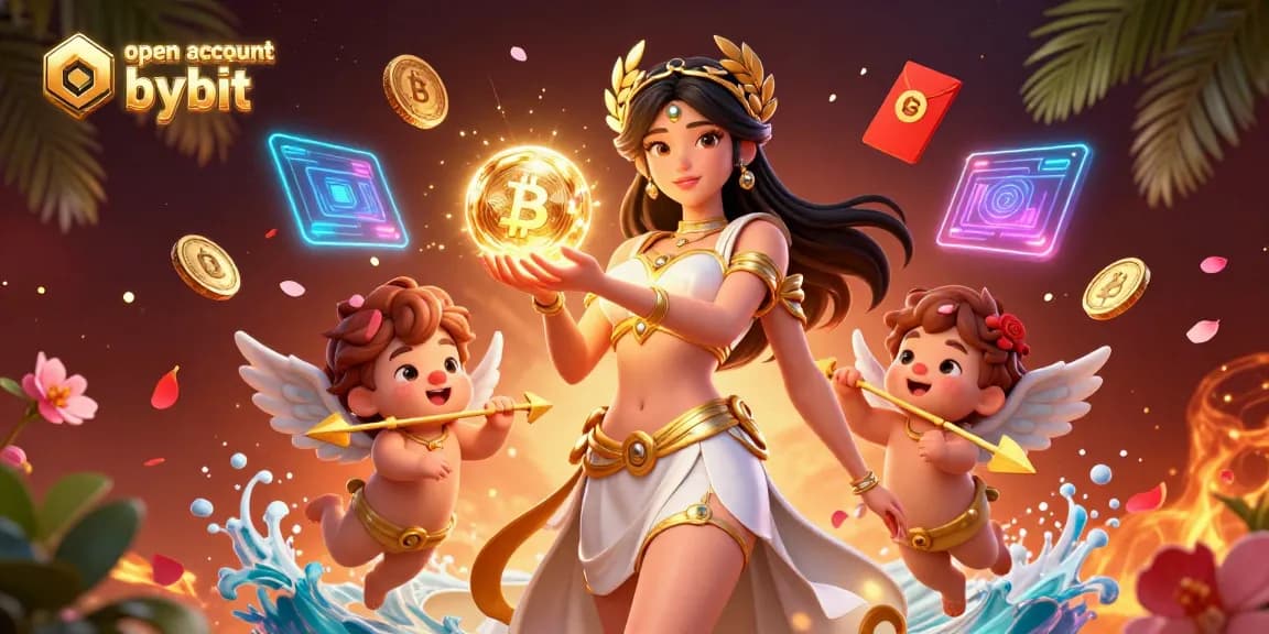 Engage and open account bybit with a stunning illustration of Bitcoin and Ethereum elements and charming characters.