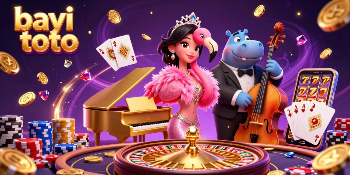 Experience the excitement of bayi toto with vibrant casino characters and dazzling game elements in this lively illustration.