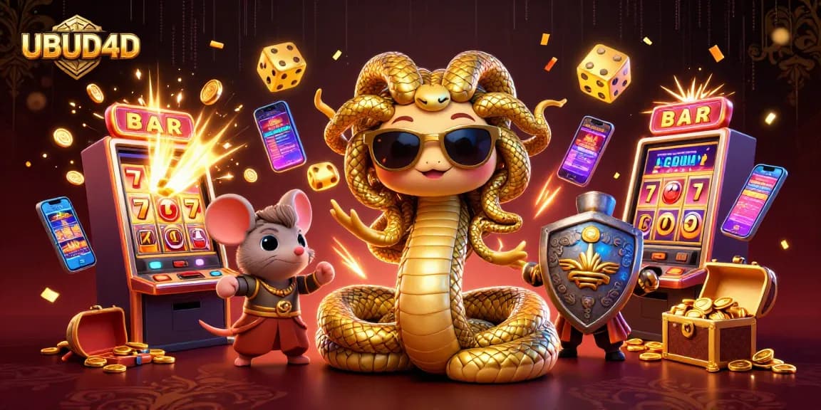 Win big with UBUD4D's engaging slot machines and friendly characters in a vibrant casino atmosphere.