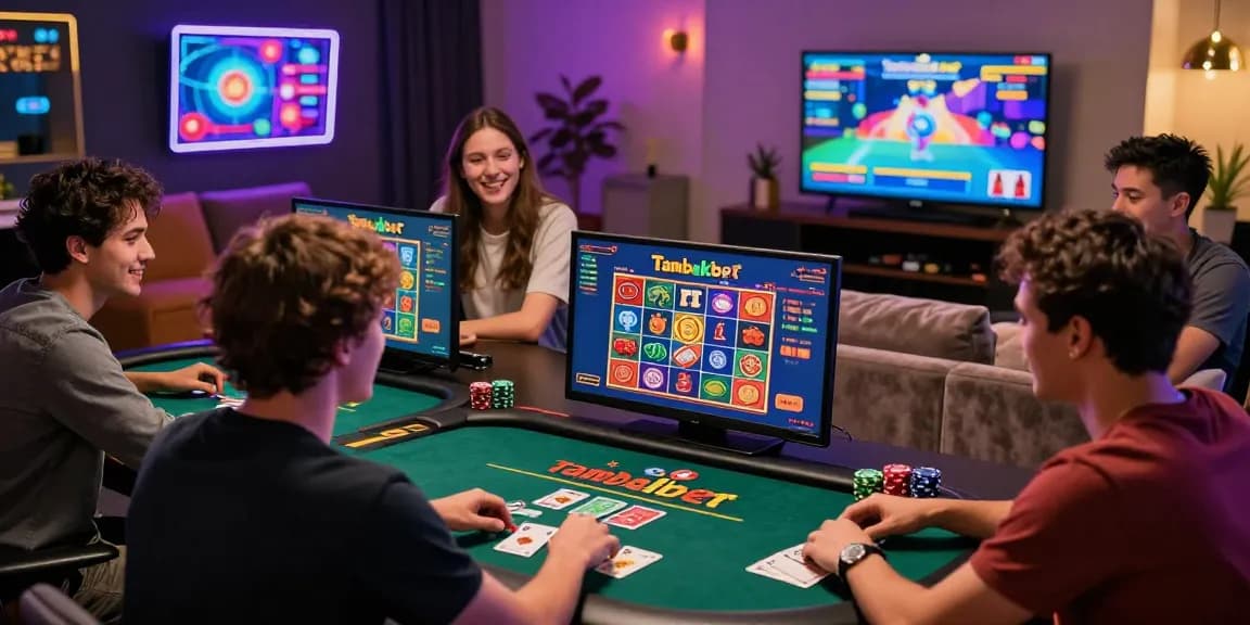 Players engaging with tambakbet online platform, celebrating wins in a vibrant gaming atmosphere.