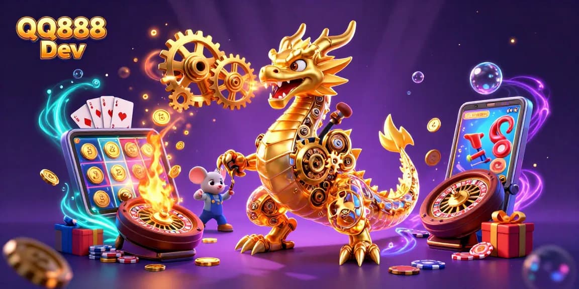Immerse yourself in the QQ888 Dev world with a biomechanical dragon and casino elements.