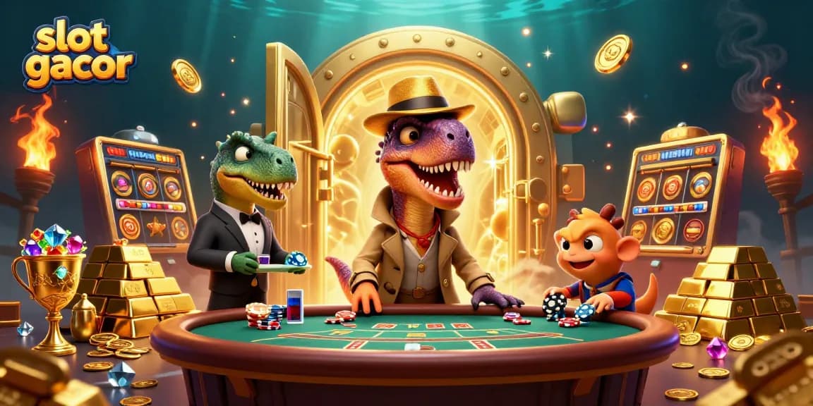 Engage with slot gacor excitement in this dynamic 3D casino scene with cartoon dinosaurs.