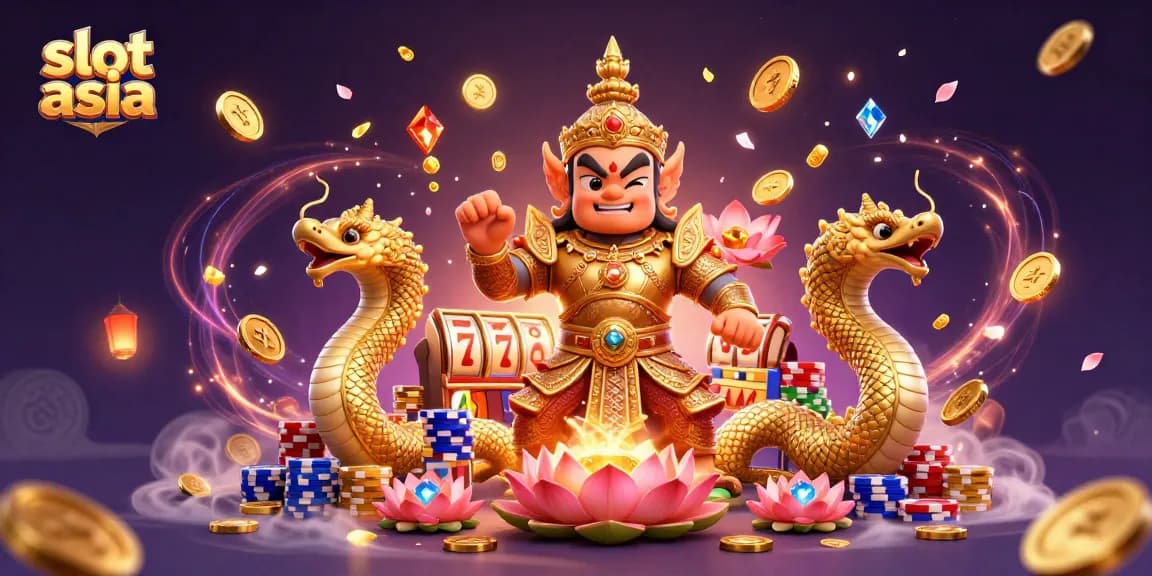 Menangkan slot asia dengan karakter penjaga kuil yang ramah dikelilingi koin emas dan tumpukan chip