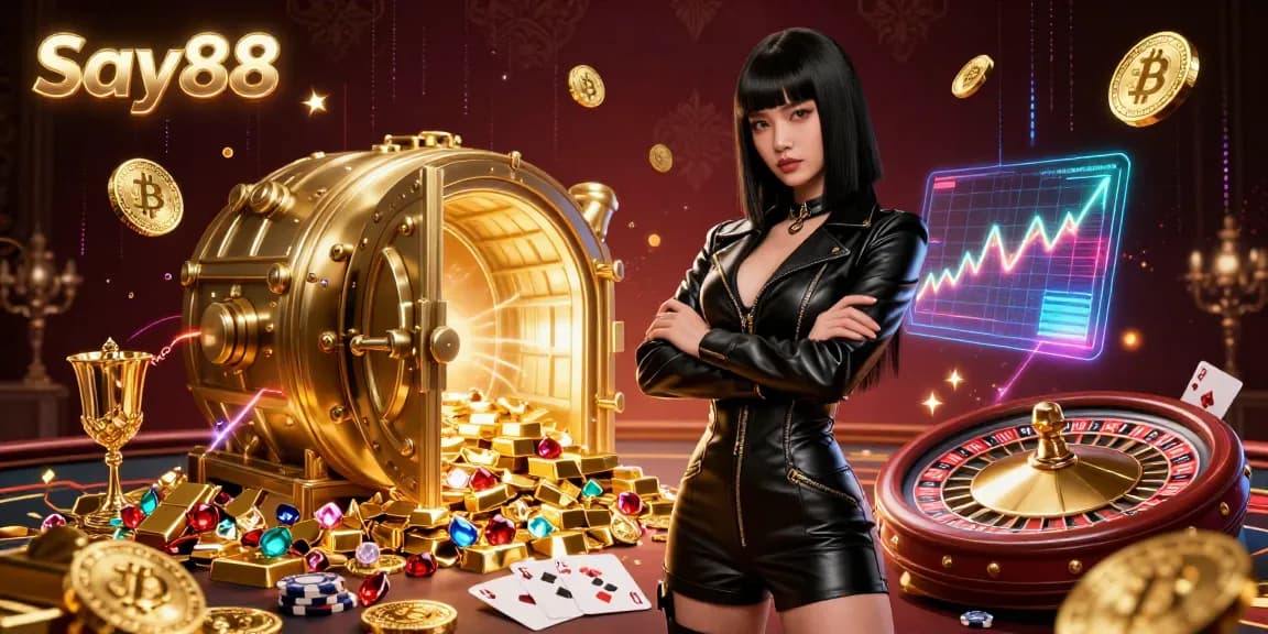 Experience the excitement of Say88 in a vibrant 3D casino scene with poker elements and sparkling treasures.