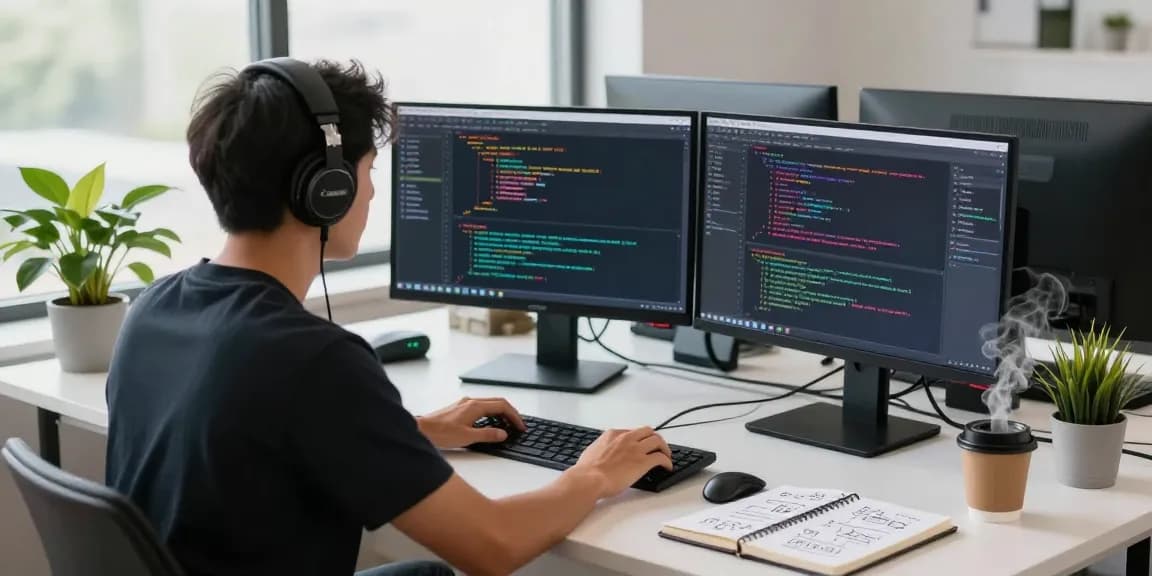 Developer using AI tools 2026 in a modern workspace with multiple screens and coding setup.