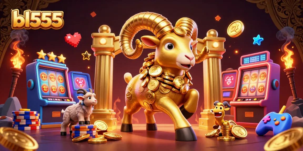 Experience thrilling gameplay at bl555 with a golden ram charging through dynamic slot machines, sparkling coins, and vibrant visuals.