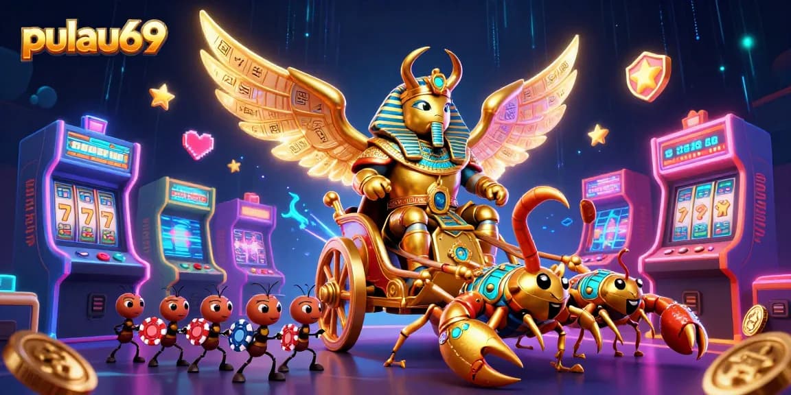 Engage with pulau69 while experiencing a lively casino adventure featuring a golden scarab beetle and vibrant gaming elements.
