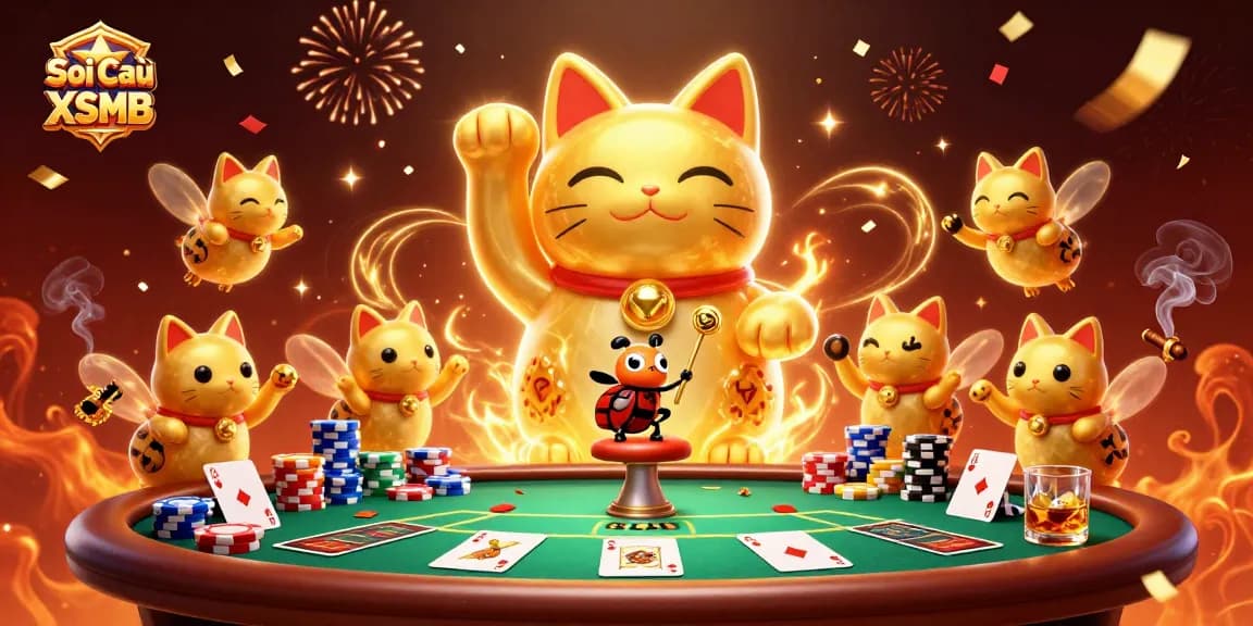 Soi Cầu XSMB showcases a vibrant 3D illustration of a lucky cat amidst casino excitement and dynamic poker elements.