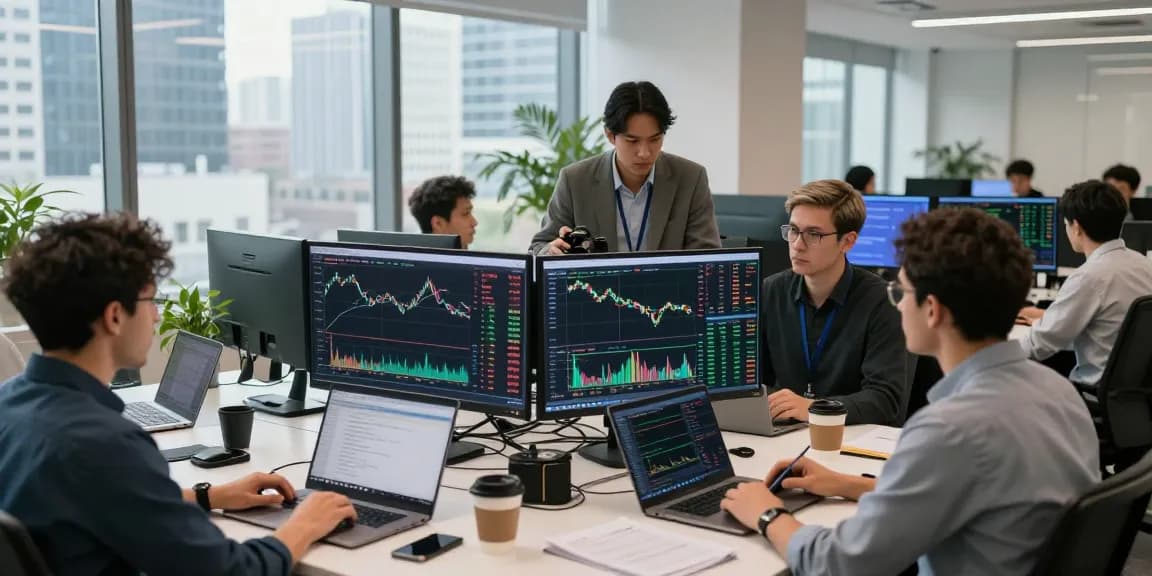 Дивerse трейдеры обсуждают возможности на битmex бирже в современном офисе, окруженные графиками и ноутбуками.