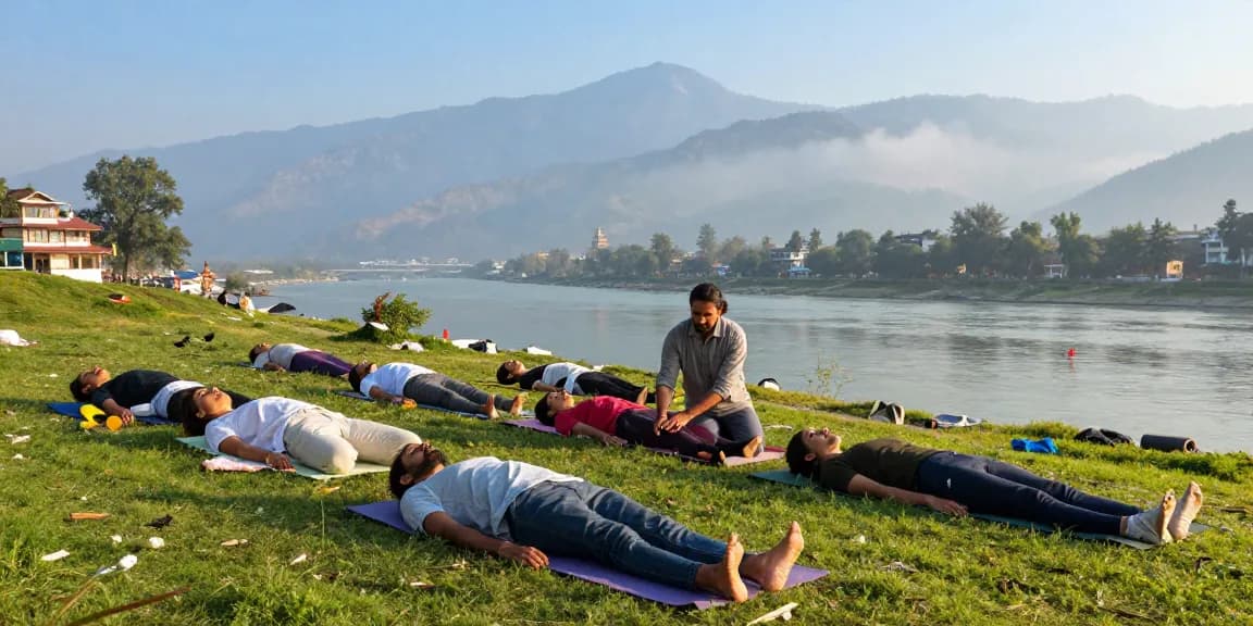 Yoga teacher training in Rishikesh India, students practicing yoga poses with instructor in serene natural setting.