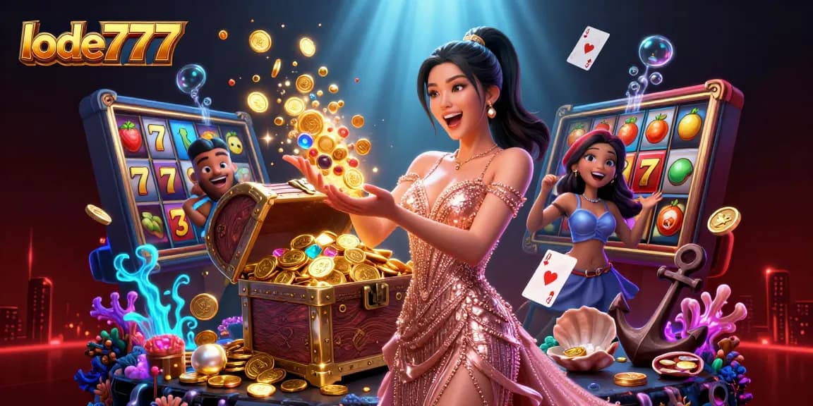 Experience the excitement of lode777 with a dazzling treasure chest overflowing with golden coins and gems.