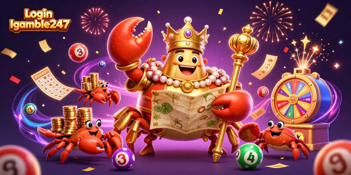Experience thrilling gameplay at Login Igamble247 with a vibrant illustration of a golden crab emperor and exciting casino elements.