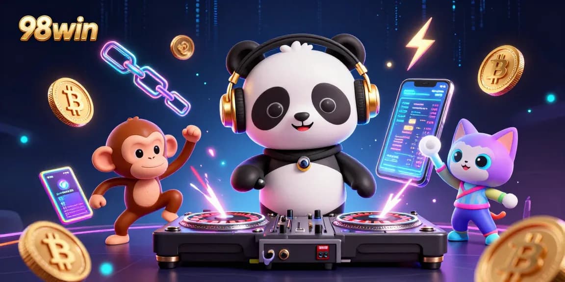 Engage with the thrilling 98win casino scene featuring vibrant characters and dazzling gaming elements.