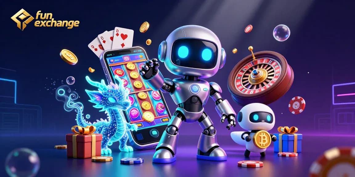 Engage in thrill at fun exchange with a cyberpunk robot and holographic companions amidst vibrant casino elements