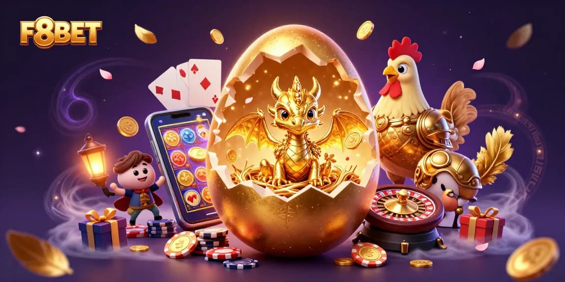 Experience F8BET's enchanting world with golden dragon and casino games in vibrant illustration.