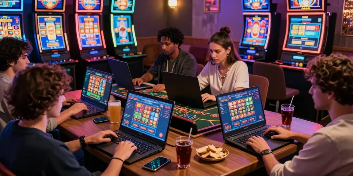 Exciting scene of players enjoying casino online non AAMS games on laptops and smartphones in cozy home settings.