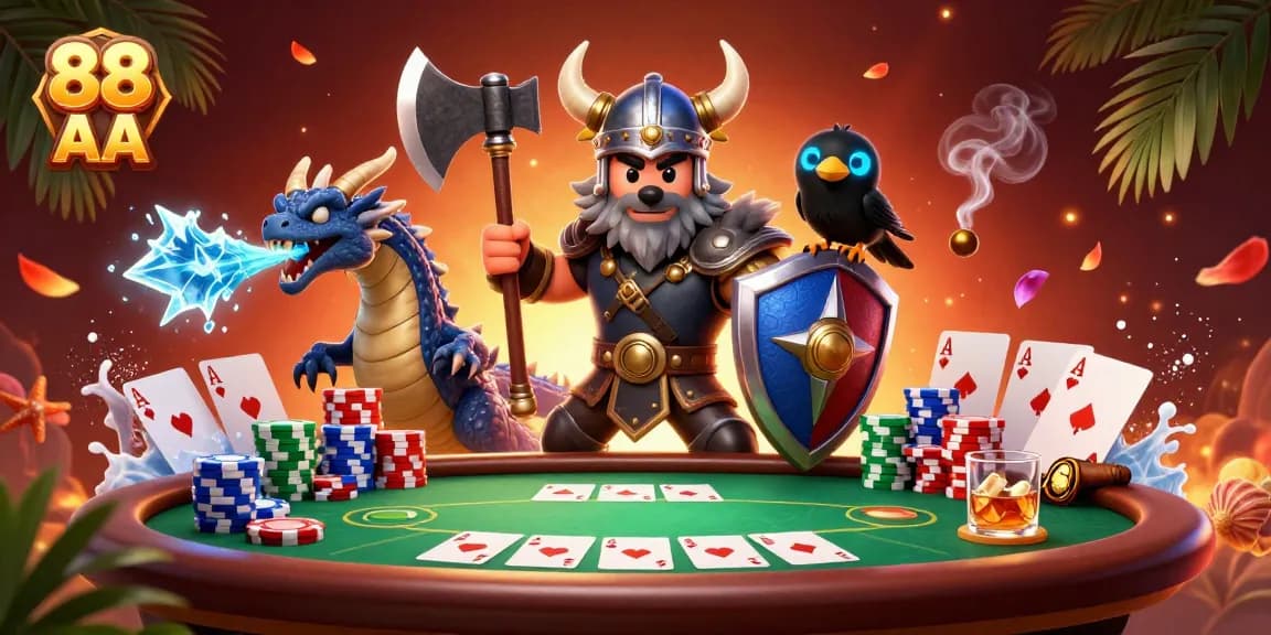 Experience an exhilarating 88 AA poker showdown with a Viking wolf warrior, dragon, and raven!